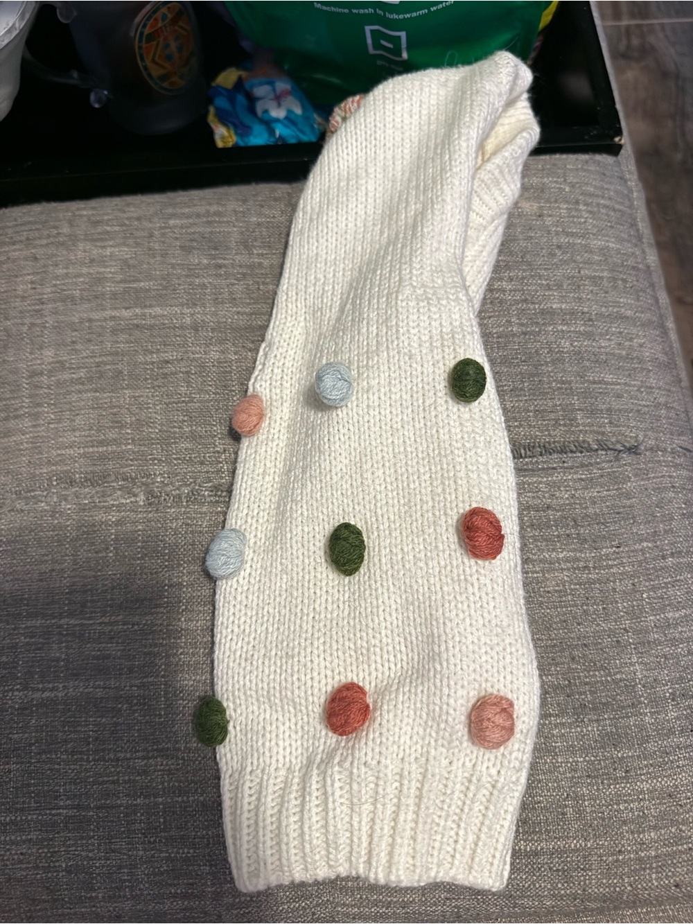 Dog Cream Knit Arm Warmer with Multicolor Pom Dots XS